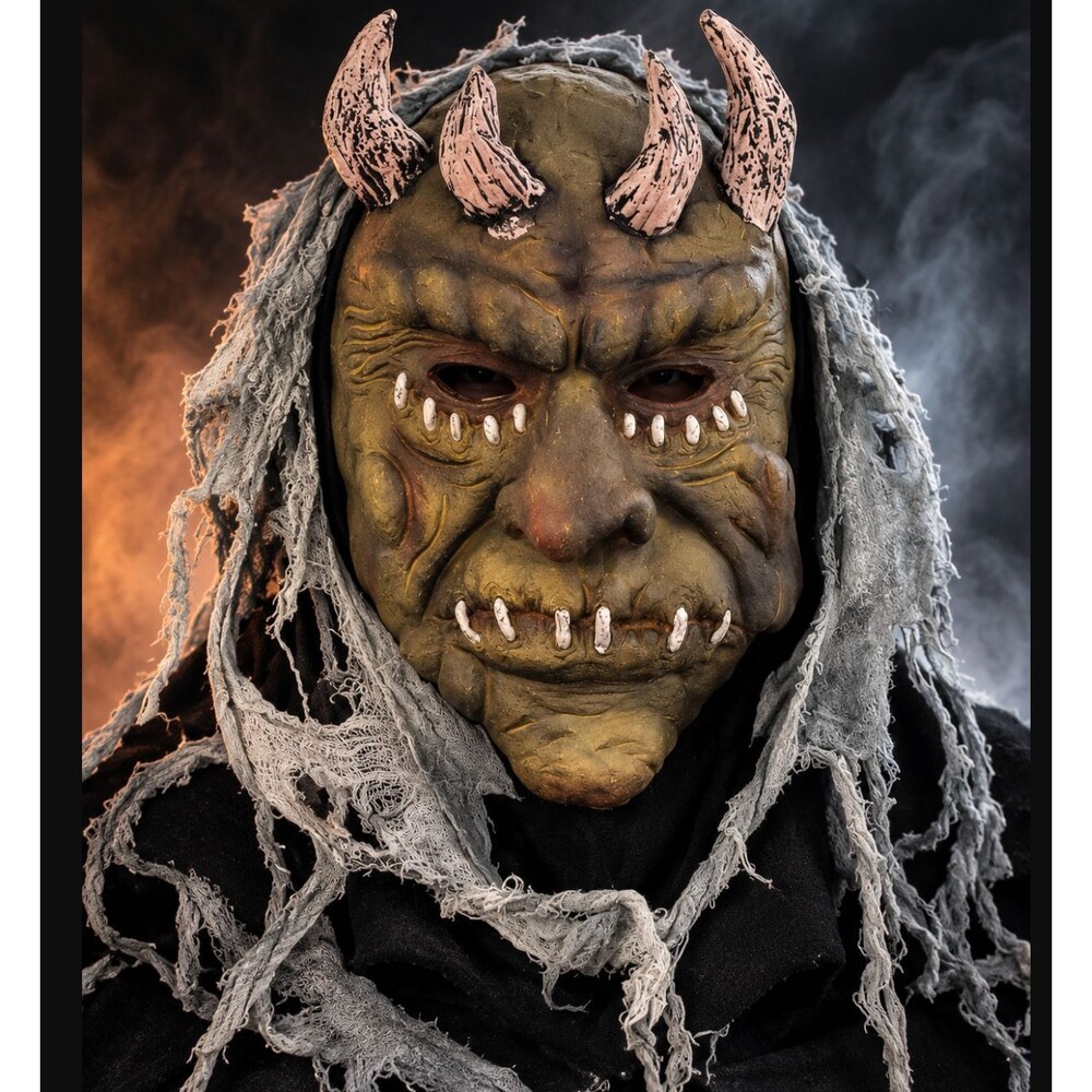 Halloween Horror Demon Mask Horned Ghoul Gray Shroud Stapled Mouth Vintage 90s